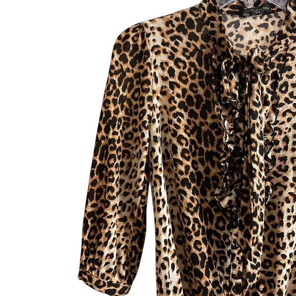 Twenty One Leopard Print Top Ruffle Size S Accent Tie Neck Elastic Waist Spring - Picture 4 of 15